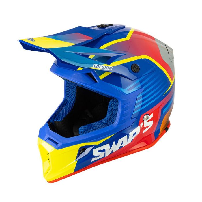 MOTOCROSS HELMET SWAPS S818 - SHINY BLUE RED YELLOW - SIZE S 55cm - 56cm